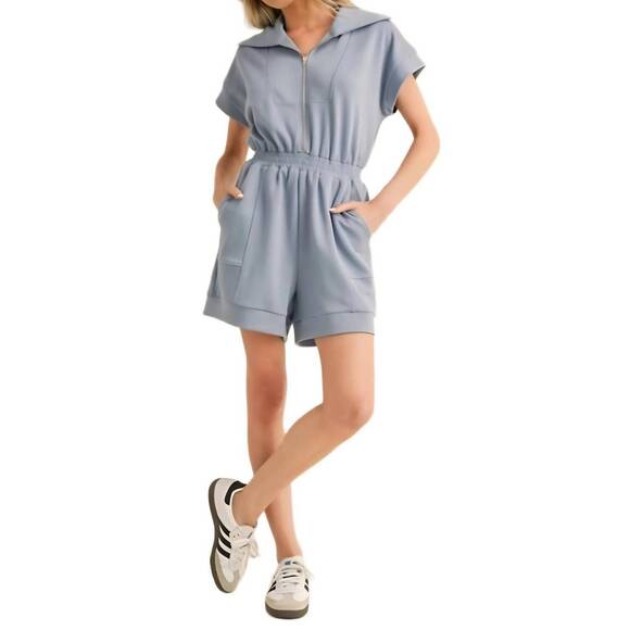 NEW KNIT & LOUNGE zip-front short sleeve romper in blue - Picture 2 of 3